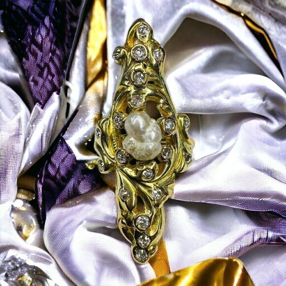 14k Gold Antique Diamond Baroque Pearl Ring Size 6.5 Victorian Art Nouveau 9.9g - Picture 11 of 16